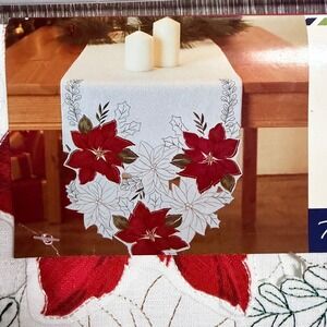 Winter Wonder Lane Christmas Poinsettia Table Runner 72in White Red Embroidered